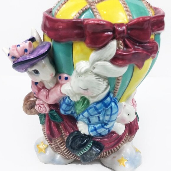 Vintage 1995 Fitz & Floyd Bunnies Hot Air Balloon Cookie Jar - Picture 8 of 13